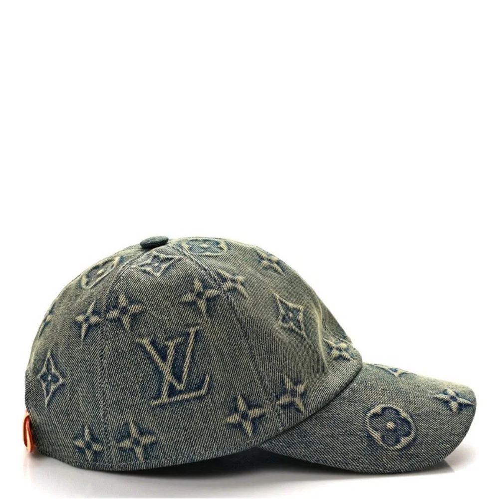 Monogram Denim Embossed Baseball Cap Hat Stiff Logo Canvas Leather Back Strap - Picture 6 of 10